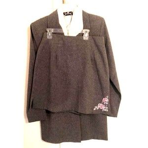 Be Smart Womens 2 Piece Skirt Suit Gray Heathered Long Sleeve Embroidered USA 11